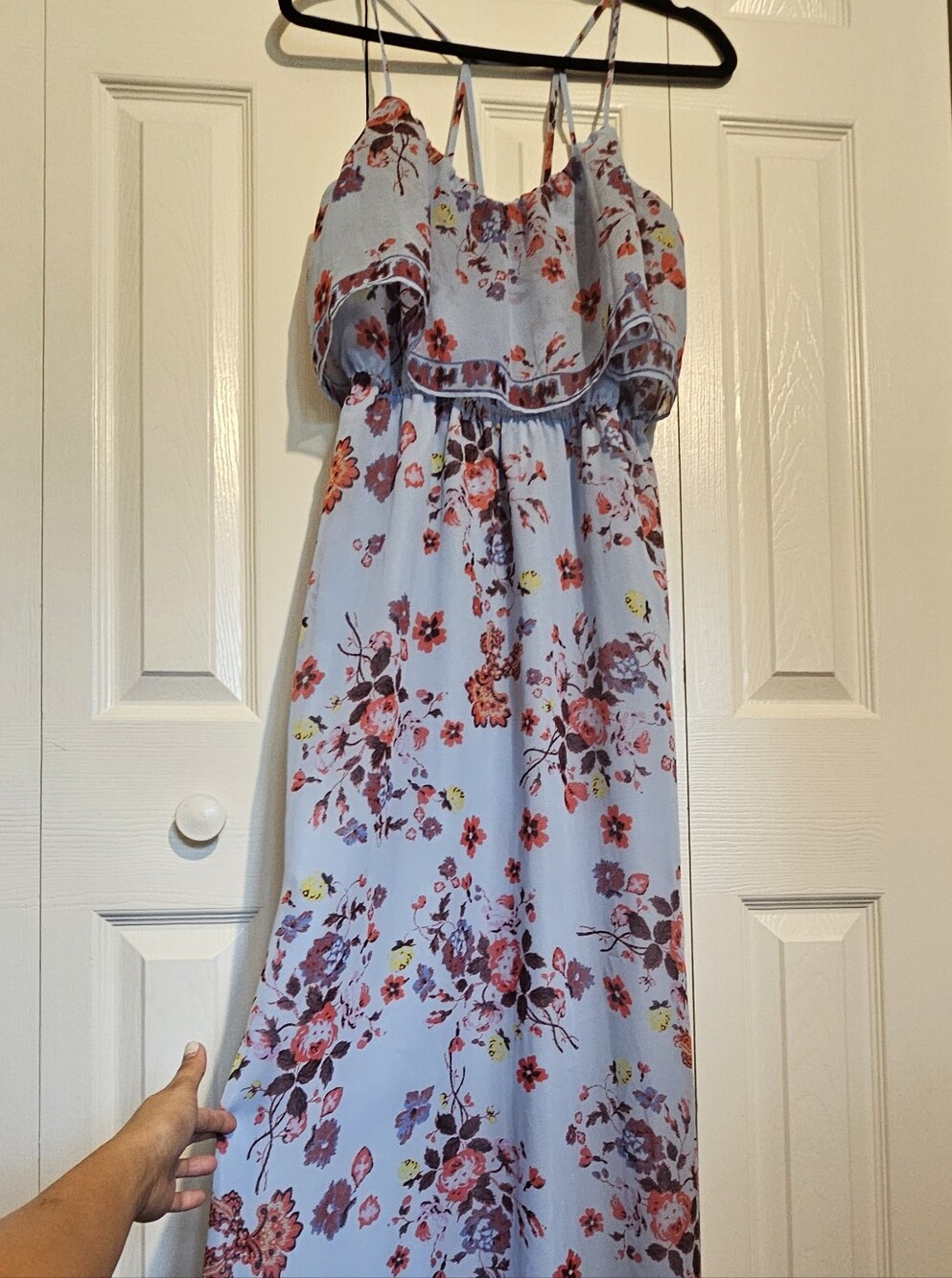 princess vera wang light blue floral sundress with red floral print